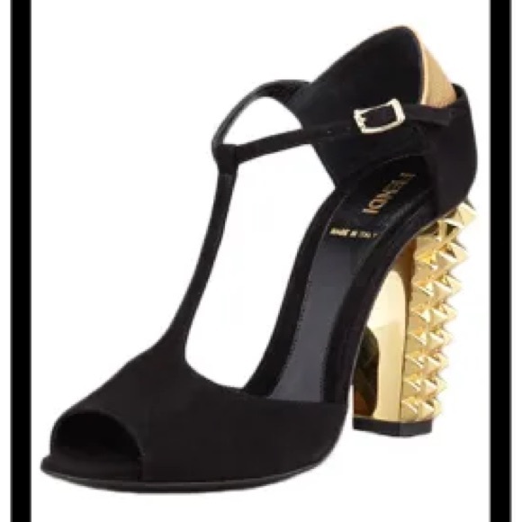Fendi Shoes - Fendi Black T-Strap Heels with Gold Studded Heel